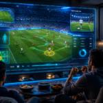 Football fans watching a 3D immersive World Cup match experience with tactical player tracking.