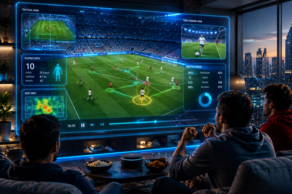 Football fans watching a 3D immersive World Cup match experience with tactical player tracking.