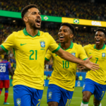 Brazilian football players celebrating during FIFA World Cup 2026 after beating Haiti 3–0.