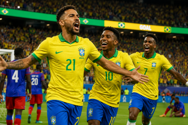 Brazilian football players celebrating during FIFA World Cup 2026 after beating Haiti 3–0.