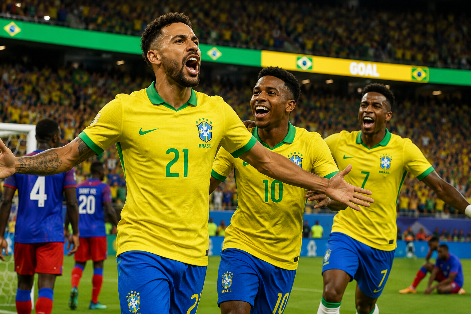 Brazilian football players celebrating during FIFA World Cup 2026 after beating Haiti 3–0.