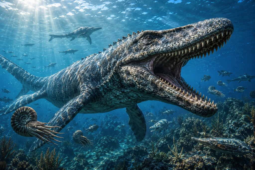 Massive prehistoric sea reptile swimming through an ancient ocean filled with marine life.