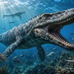 Massive prehistoric sea reptile swimming through an ancient ocean filled with marine life.