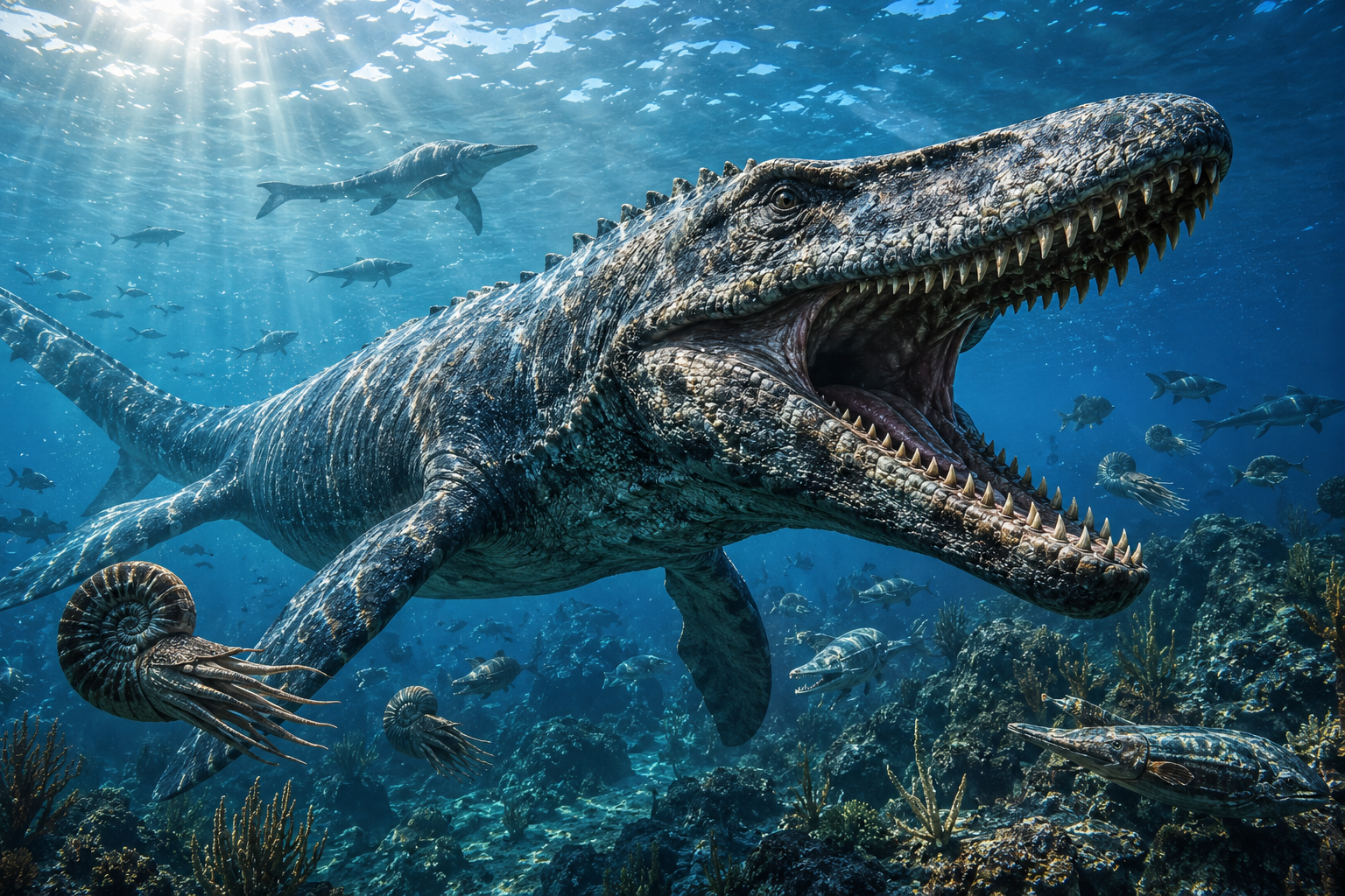 Massive prehistoric sea reptile swimming through an ancient ocean filled with marine life.