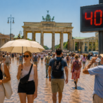 People in a European city facing extreme heat during a record-breaking summer heatwave.