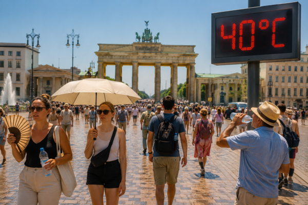 People in a European city facing extreme heat during a record-breaking summer heatwave.