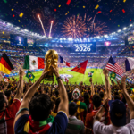 Global football fans celebrating FIFA World Cup 2026 in a packed stadium with flags and lights.