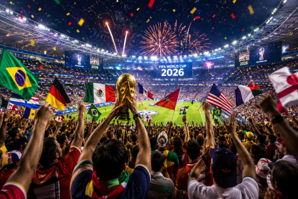 Global football fans celebrating FIFA World Cup 2026 in a packed stadium with flags and lights.