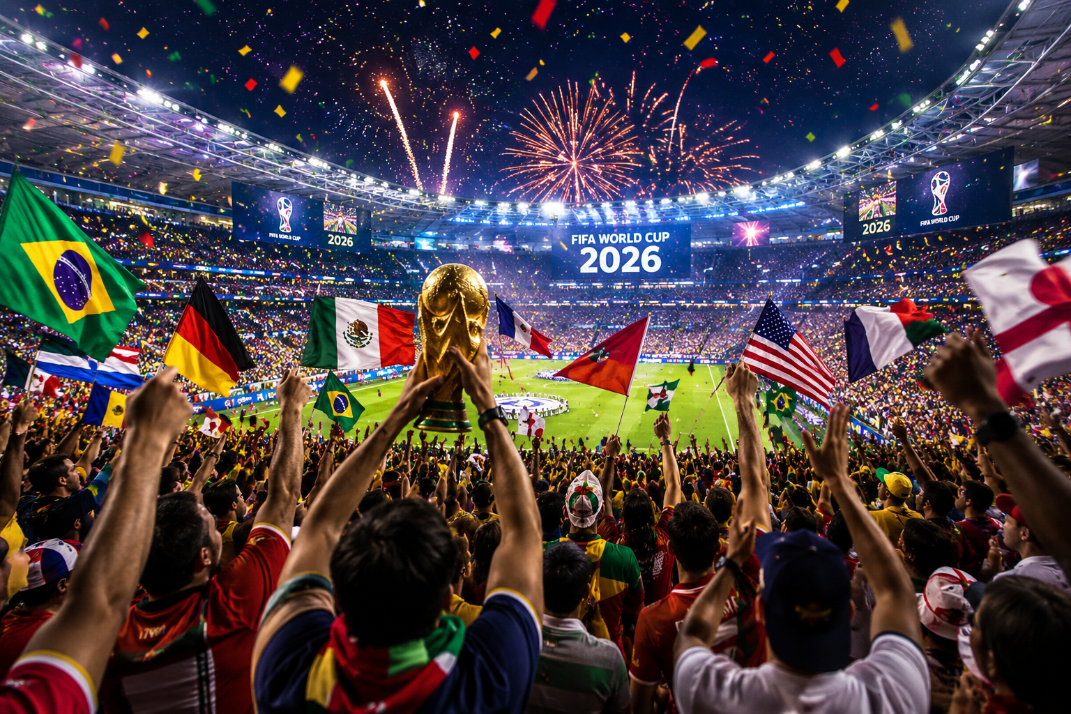 Global football fans celebrating FIFA World Cup 2026 in a packed stadium with flags and lights.