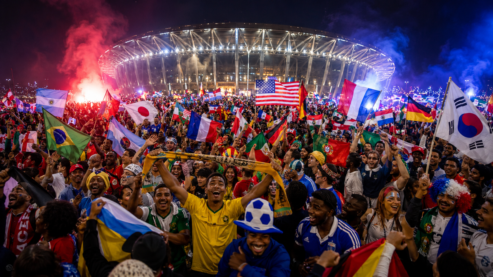 FIFA World Cup 2026 global fan celebration with flags, stadium lights and football festival atmosphere