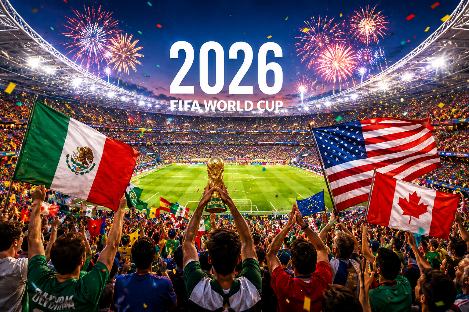 Global football fans celebrating FIFA World Cup 2026 in a packed stadium