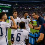 Football players taking a hydration break during FIFA World Cup 2026 in a packed stadium.