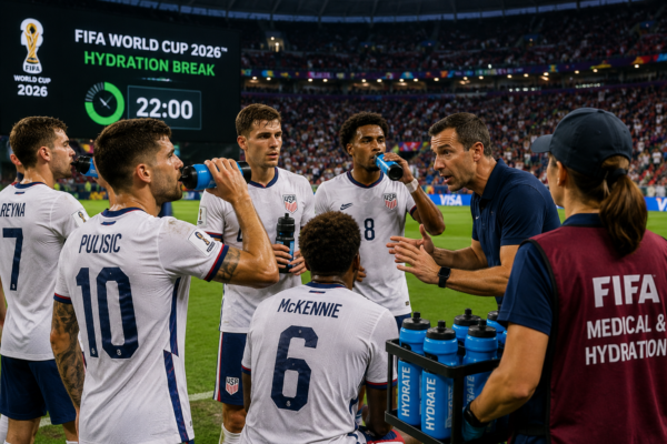 Football players taking a hydration break during FIFA World Cup 2026 in a packed stadium.