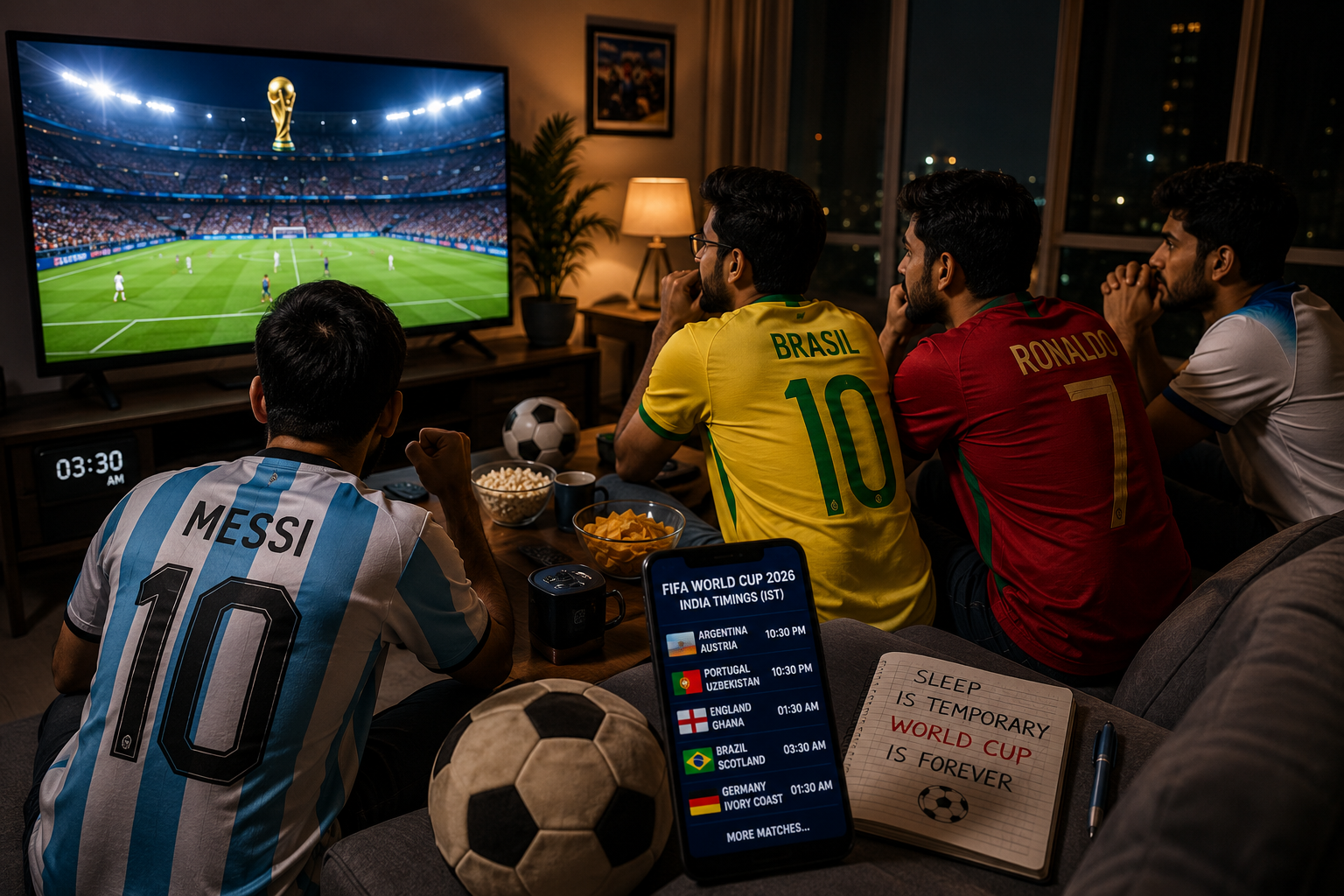 Indian football fans watching FIFA World Cup 2026 late at night at home.