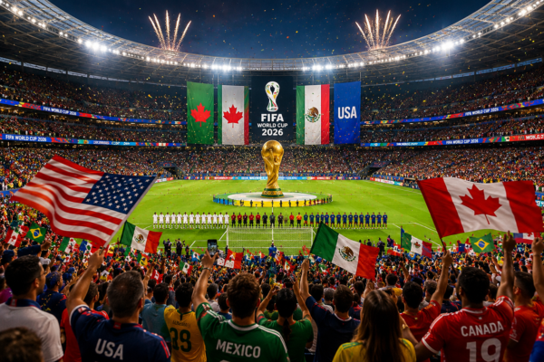 FIFA World Cup 2026 fans celebrating the new 48-team format in a packed football stadium.