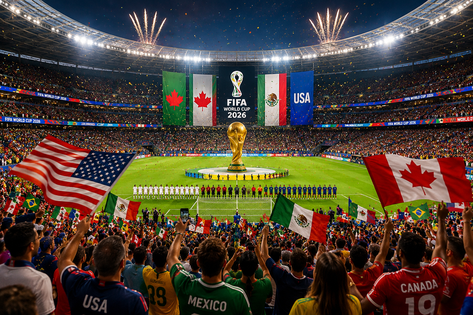 FIFA World Cup 2026 fans celebrating the new 48-team format in a packed football stadium.