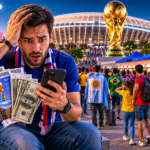 Football fan checking expensive FIFA World Cup 2026 ticket prices outside a packed stadium.