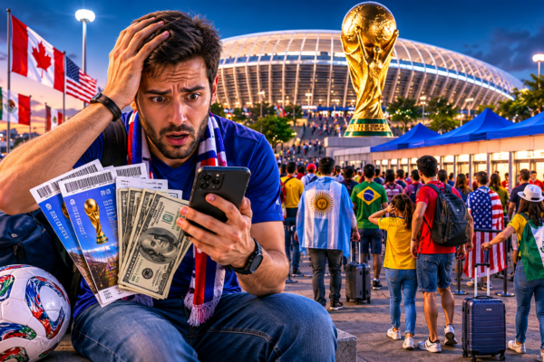 Football fan checking expensive FIFA World Cup 2026 ticket prices outside a packed stadium.