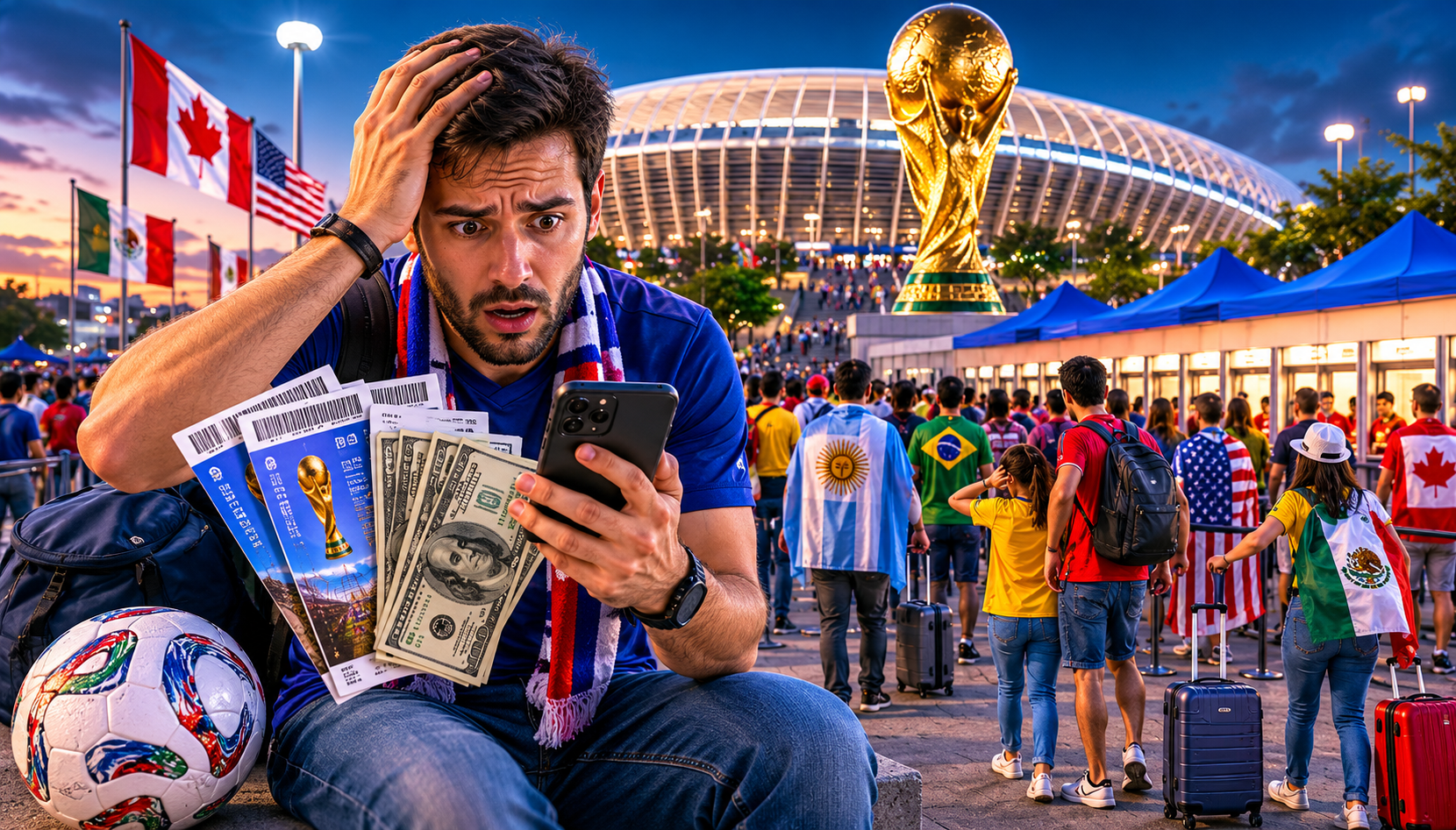 Football fan checking expensive FIFA World Cup 2026 ticket prices outside a packed stadium.