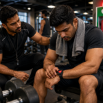 Young gym-goer with trainer checking heart-rate monitor after intense workout in modern gym.