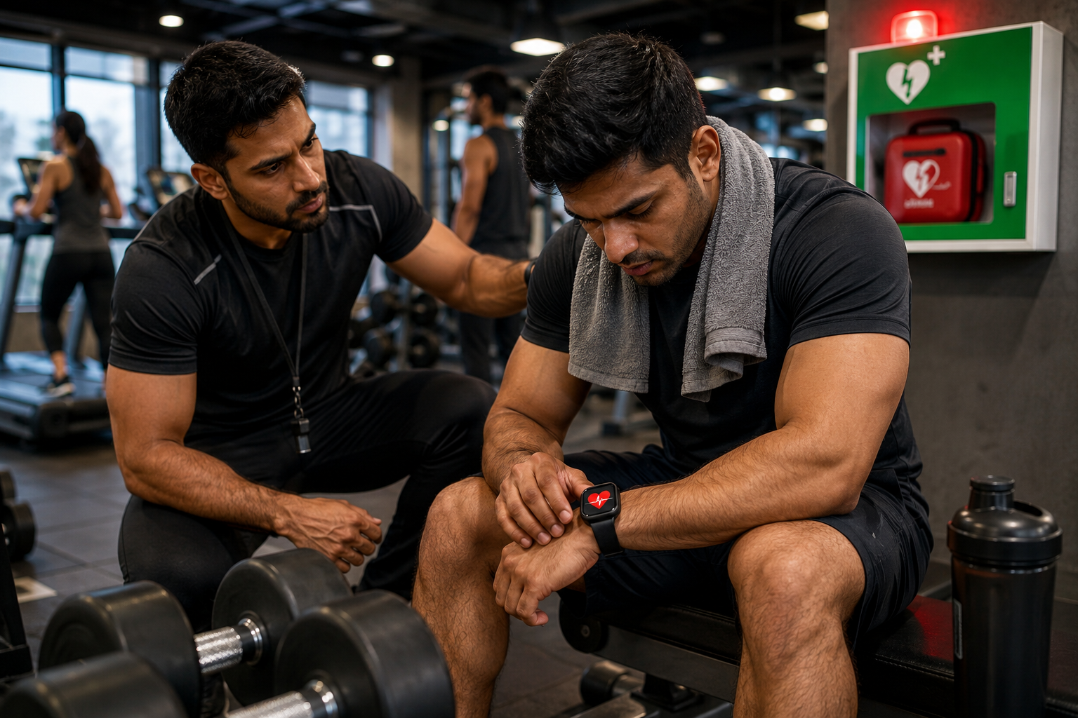 Young gym-goer with trainer checking heart-rate monitor after intense workout in modern gym.