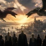 Massive dragons flying above a medieval fantasy kingdom during the Targaryen civil war.