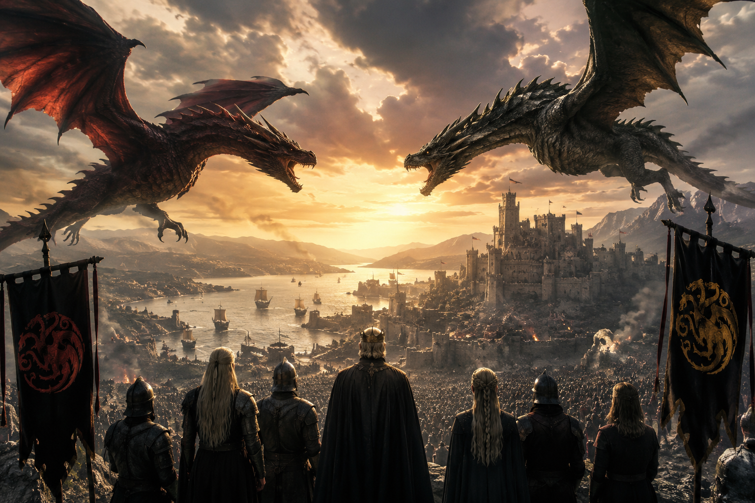 Massive dragons flying above a medieval fantasy kingdom during the Targaryen civil war.