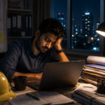 Tired Hyderabad engineer working late as India debates six-day work week culture.