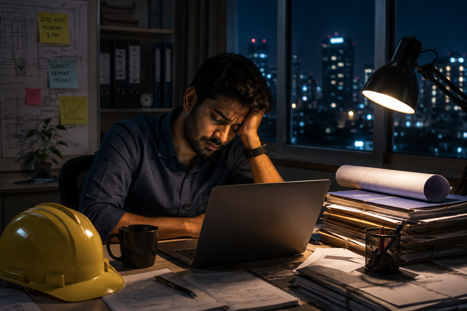 Tired Hyderabad engineer working late as India debates six-day work week culture.