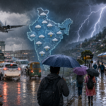 Indian travellers facing rain, thunderstorm and traffic disruption during monsoon weather alert.