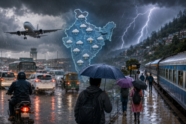 Indian travellers facing rain, thunderstorm and traffic disruption during monsoon weather alert.