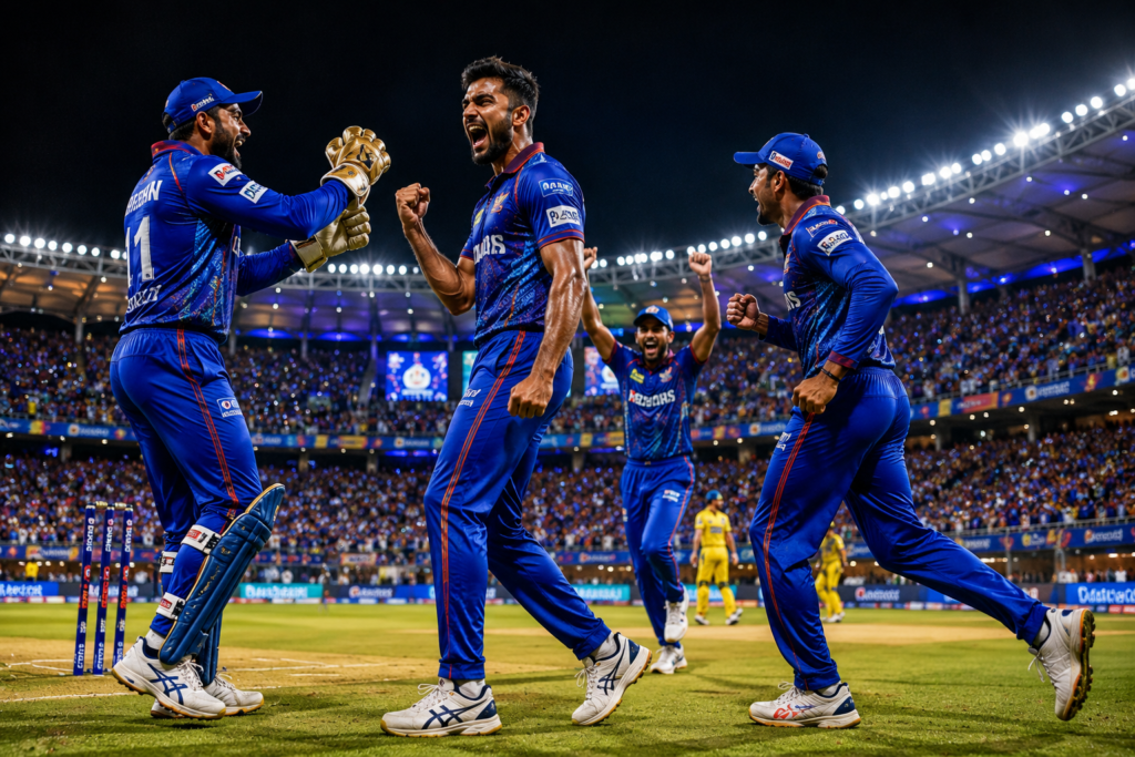 Packed cricket stadium during a high-pressure IPL match with players celebrating a crucial wicket.