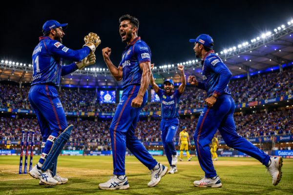 Packed cricket stadium during a high-pressure IPL match with players celebrating a crucial wicket.