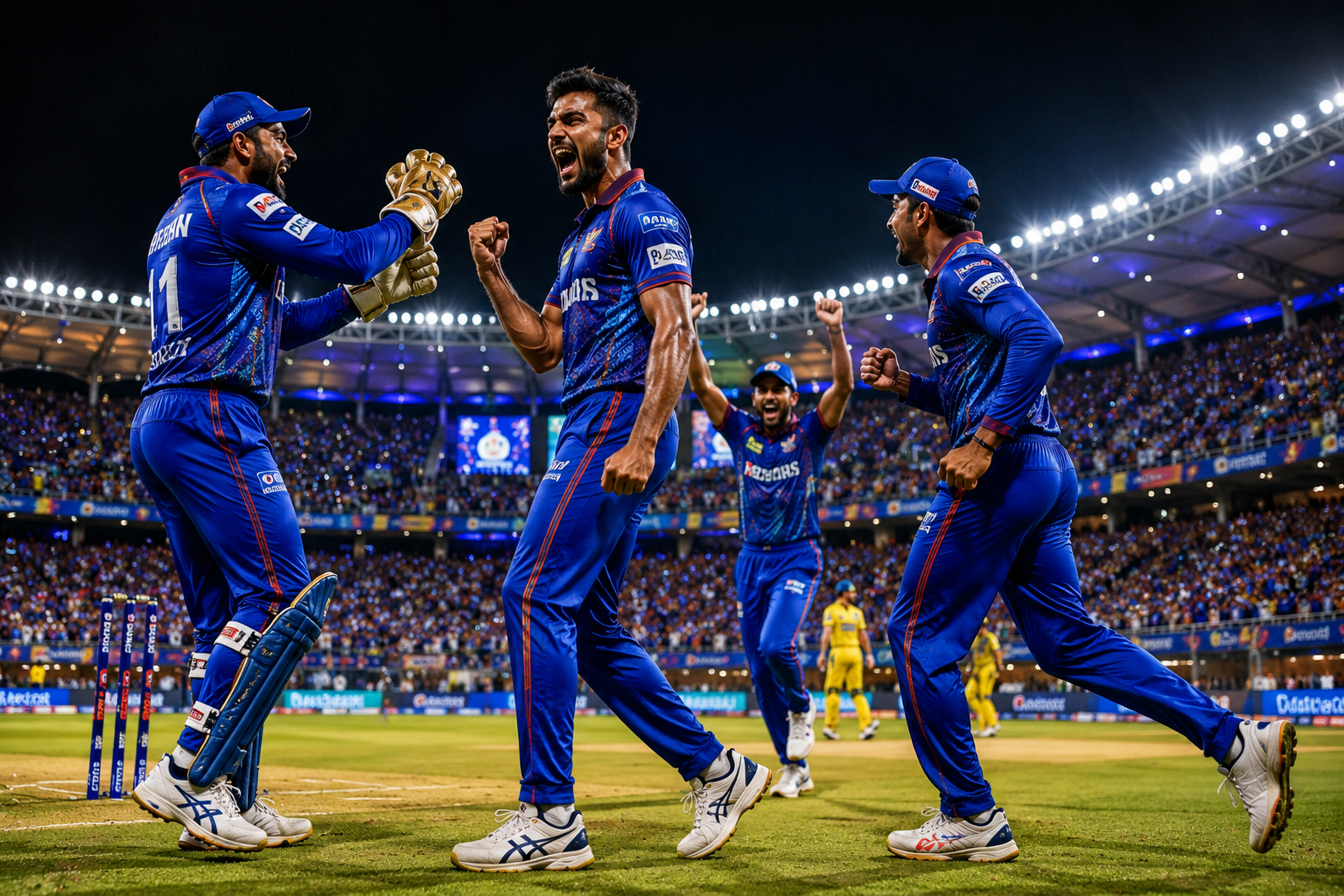 Packed cricket stadium during a high-pressure IPL match with players celebrating a crucial wicket.