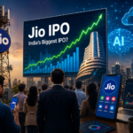 Indian investors watching Jio IPO market charts with telecom and digital technology visuals.