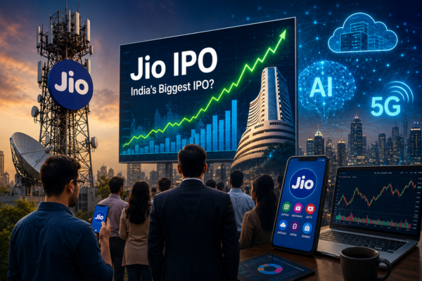 Indian investors watching Jio IPO market charts with telecom and digital technology visuals.