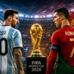 Two legendary footballers representing Messi and Ronaldo facing one final World Cup battle in a packed stadium.