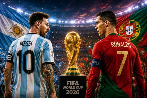 Two legendary footballers representing Messi and Ronaldo facing one final World Cup battle in a packed stadium.