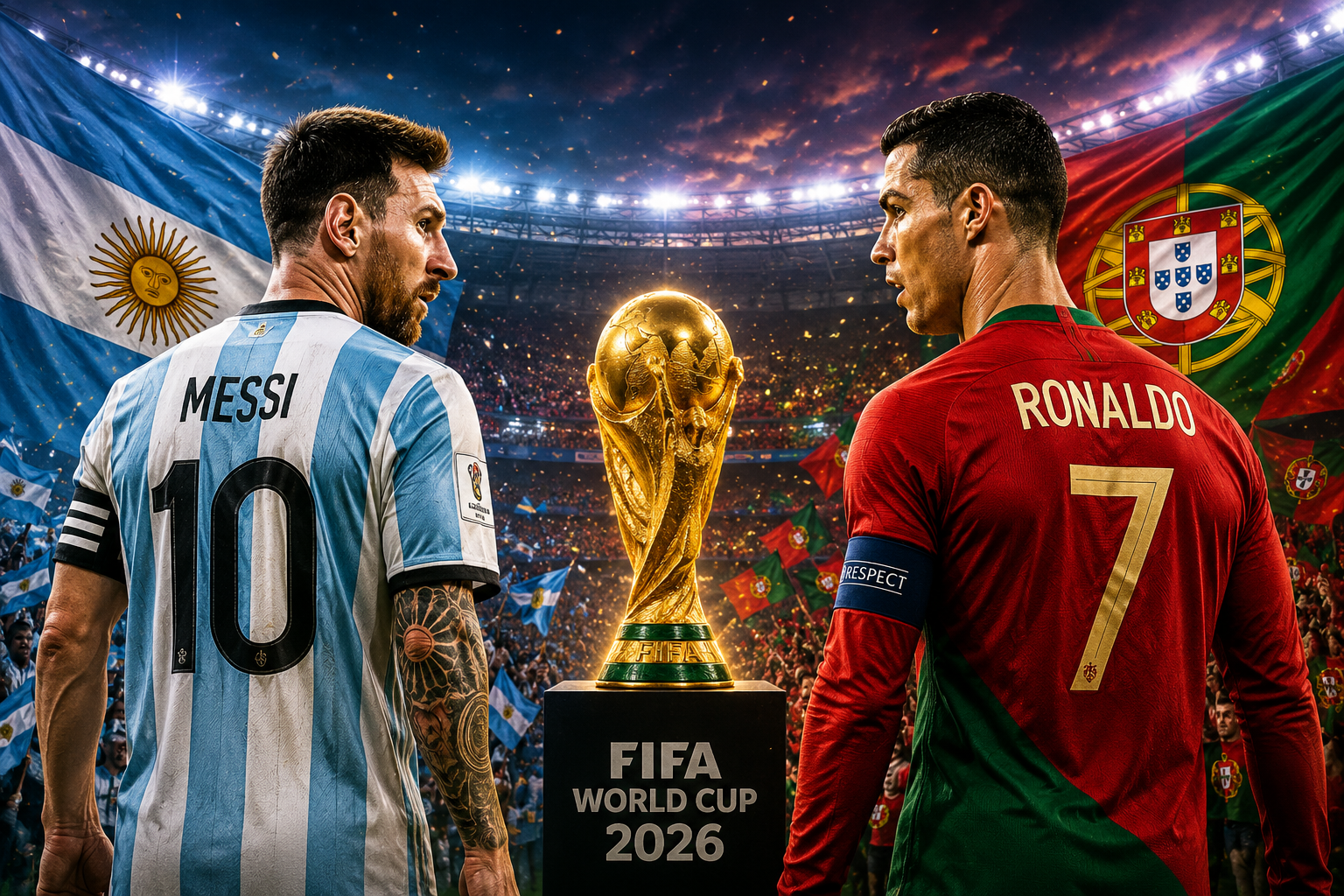 Two legendary footballers representing Messi and Ronaldo facing one final World Cup battle in a packed stadium.