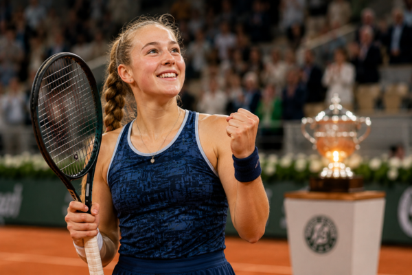 Young female tennis champion celebrating French Open victory on clay court