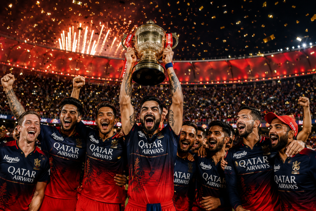 Virat Kohli and RCB players celebrating with the IPL trophy amid fireworks and cheering fans.