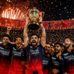 Virat Kohli and RCB players celebrating with the IPL trophy amid fireworks and cheering fans.