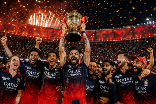 Virat Kohli and RCB players celebrating with the IPL trophy amid fireworks and cheering fans.