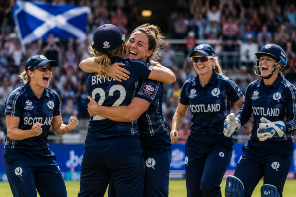 Scotland women’s cricket team celebrating their first-ever T20 World Cup win against Ireland.
