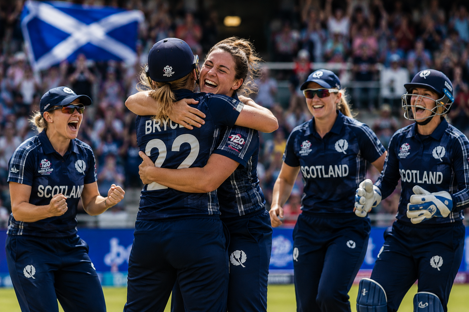 Scotland women’s cricket team celebrating their first-ever T20 World Cup win against Ireland.