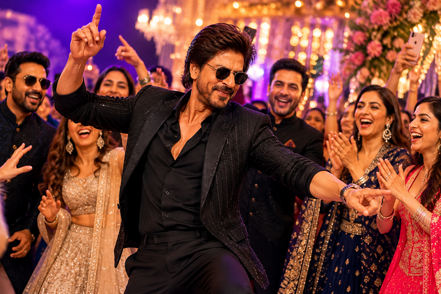 Bollywood superstar-style figure dancing at a glamorous wedding celebration with guests cheering.