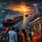 Oil tankers crossing Strait of Hormuz with Indian petrol pump and LPG cylinder showing fuel price concern.