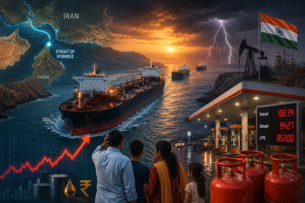 Oil tankers crossing Strait of Hormuz with Indian petrol pump and LPG cylinder showing fuel price concern.