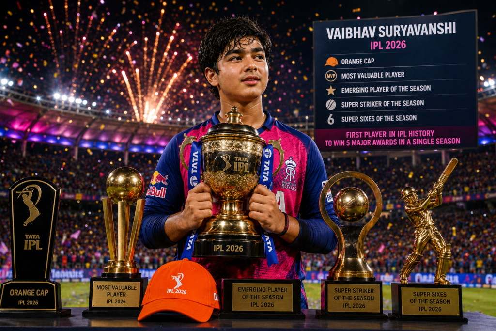 Young cricket sensation Vaibhav Suryavanshi standing with multiple IPL awards and trophies after a record-breaking season.
