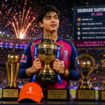 Young cricket sensation Vaibhav Suryavanshi standing with multiple IPL awards and trophies after a record-breaking season.